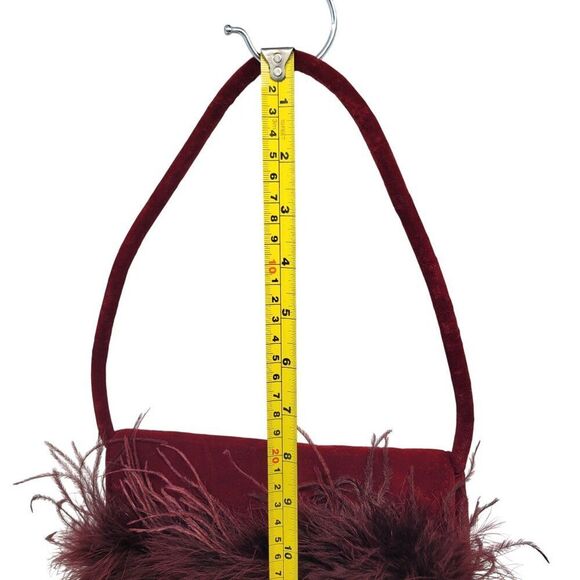 Vtg BeBe Red Maroon Wine Velvet Evening Bag Feather Fringe Formal Shoulder Bag - Picture 5 of 16